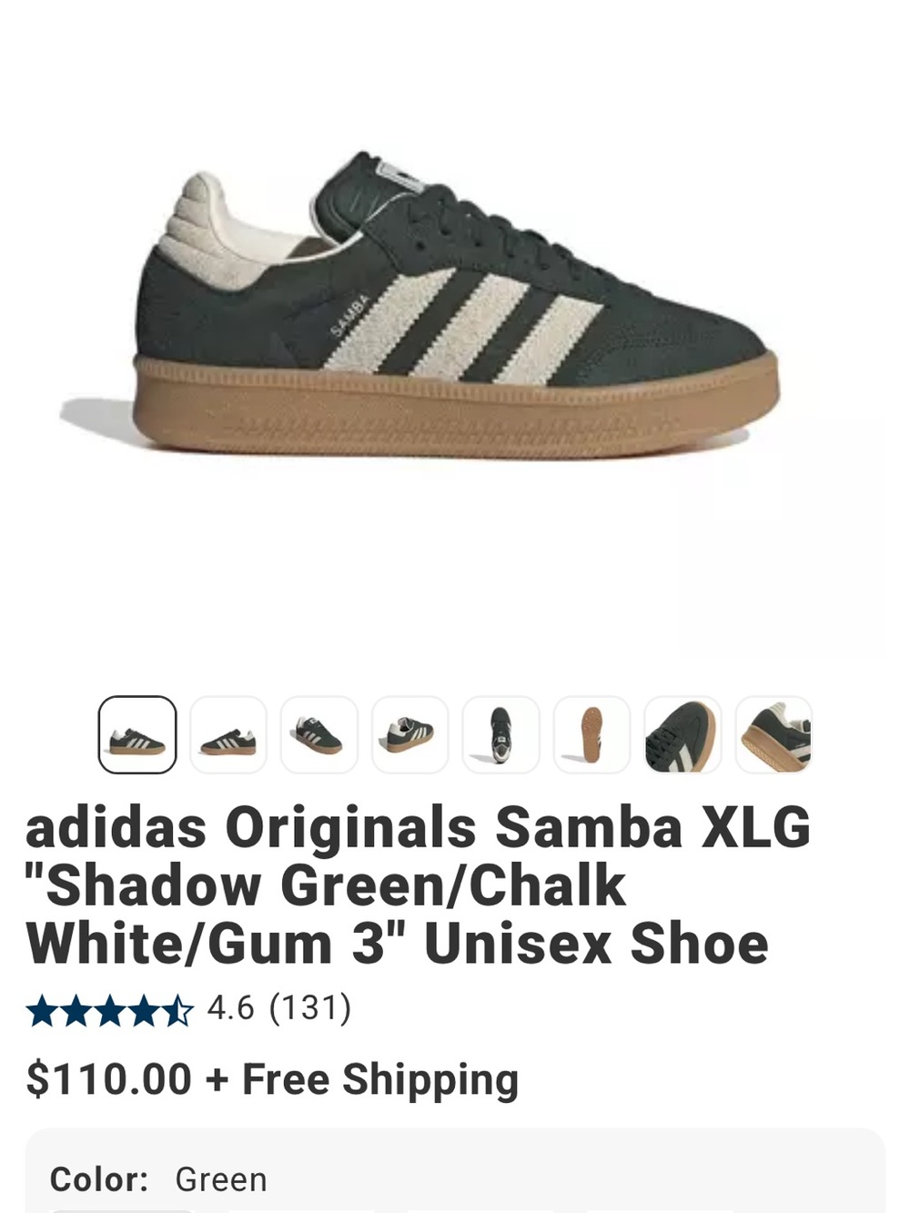 ADIDAS SAMBA XLG SHADOW GREEN/CHALK WHITE/GUM 3''